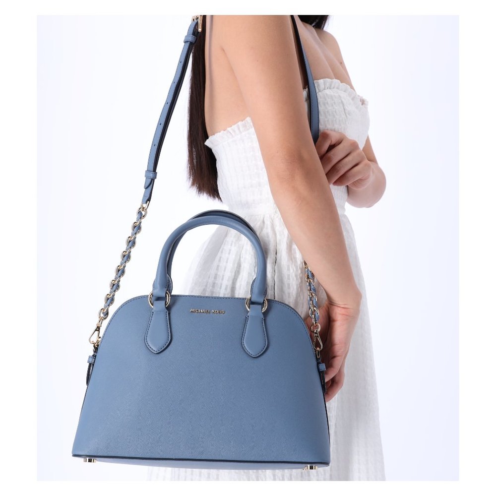 Michael Kors Veronica Medium Dome Satchel Crossbody Denim Blue Saffiano Leather
